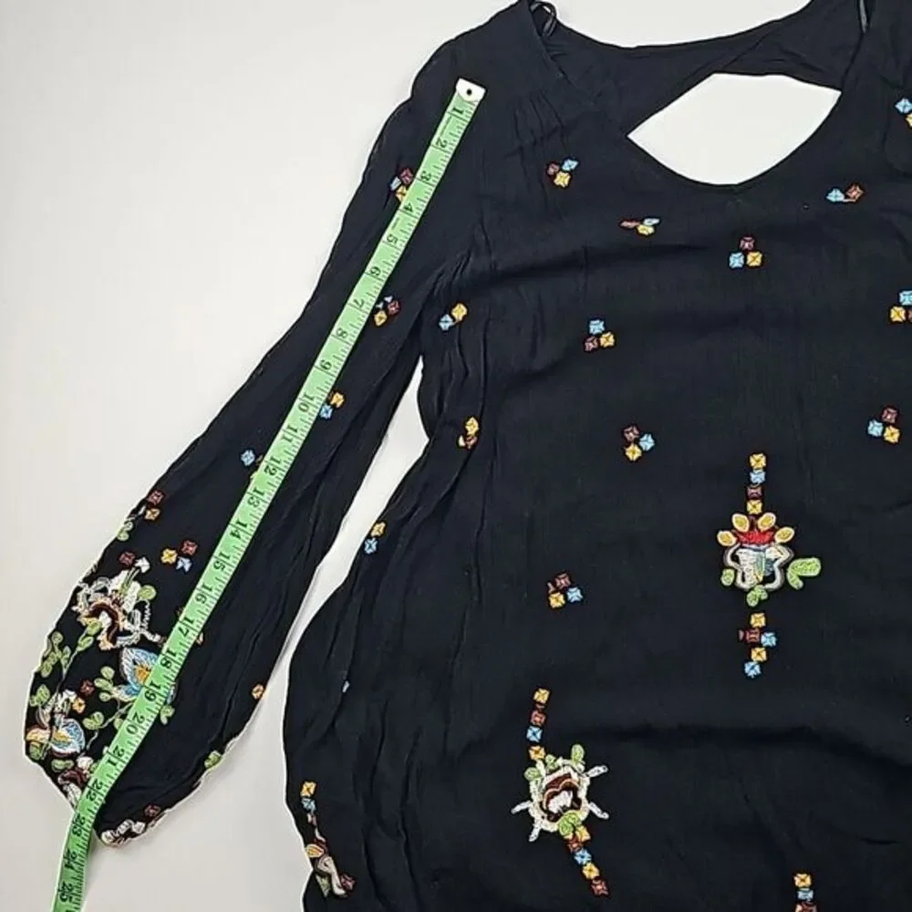 Free People Black Oxford Embroidered Long Sleeve Back Cut Out‎ Mini Dress Size S